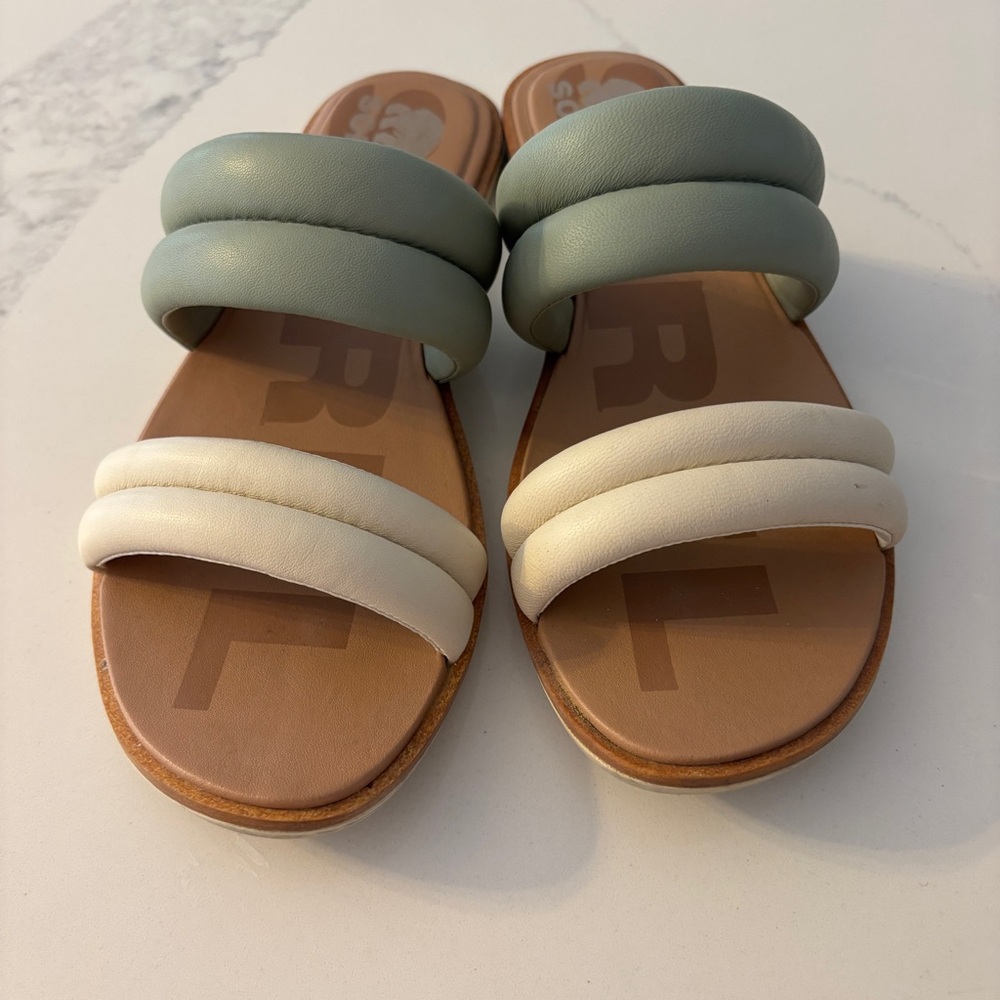 Sorel Ella II Puff Leather Slides Green & Cream Sandals